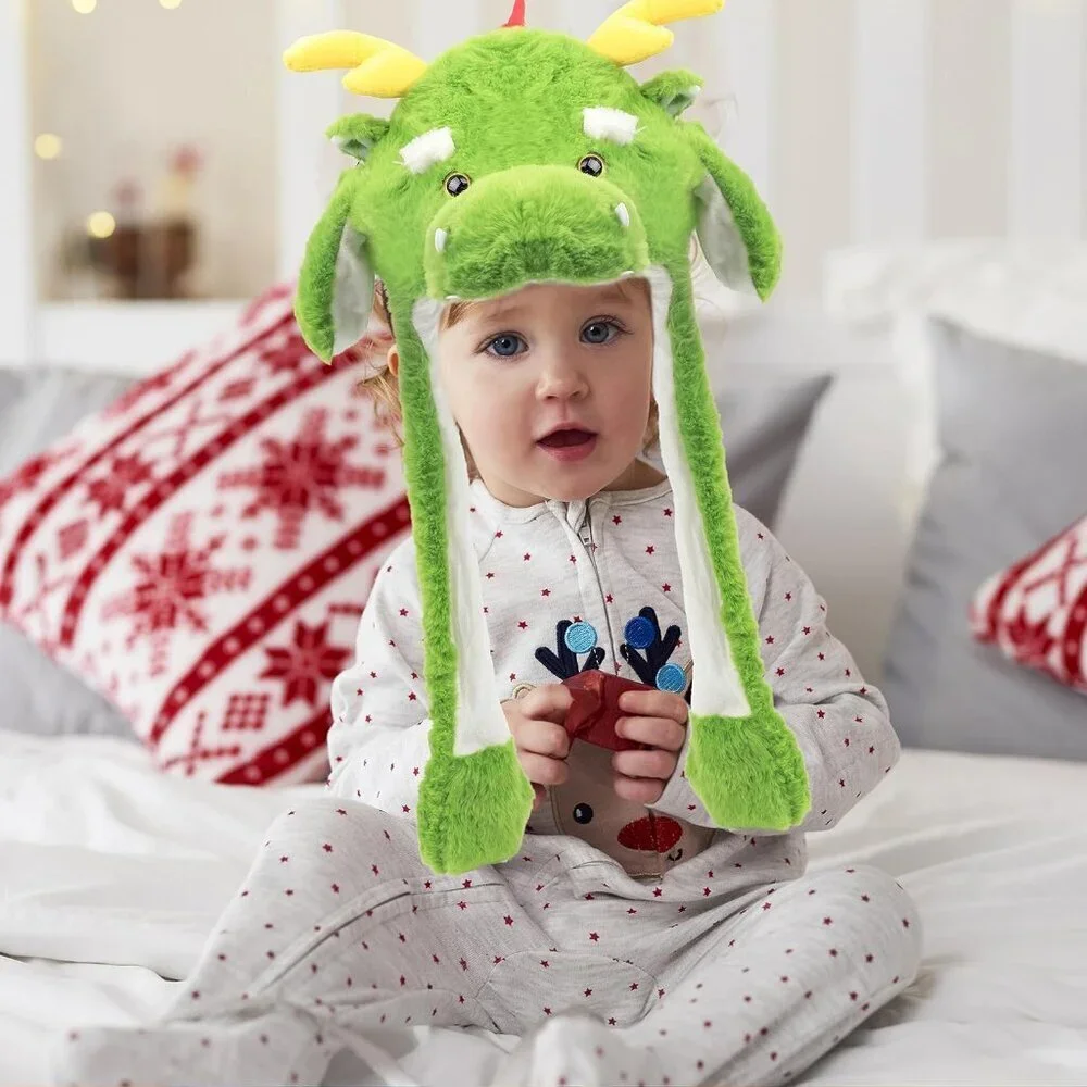Kids Dragon Animal Hat with Ears Moving Jumping Pop Up Beating Plush Holiday